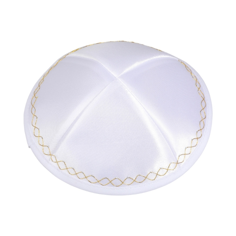 Skull Cap Helmet Liner - White Satin Jewish Kippah with Gold